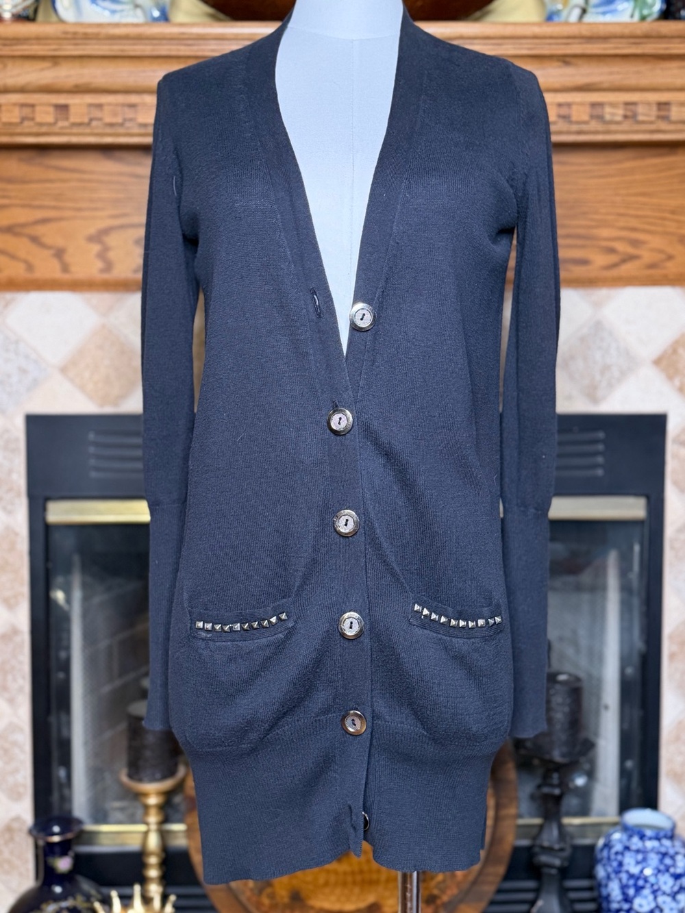 VTG Literature Noir Black Long Button Cardigan Sweater with Studded Pockets Med